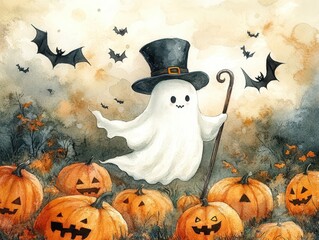 A Friendly Ghost in a Top Hat Surrounded by Jack-o'-Lanterns