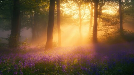 Naklejka premium Carpet of bluebells in a misty forest at dawn