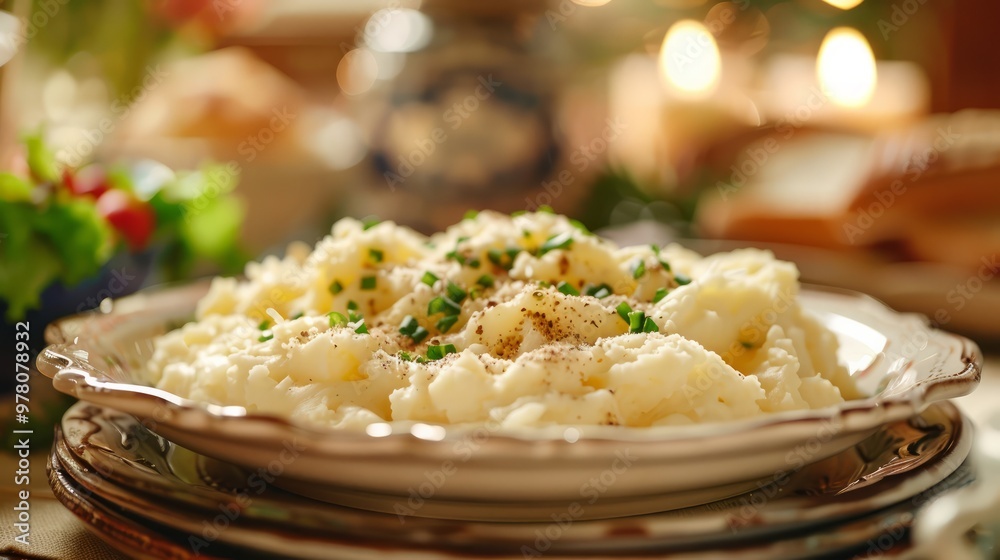 Wall mural a plate of a bowl full of mashed potatoes with green onions .