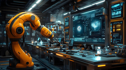 Futuristic Laboratory with Robotic Arm and Computer Screens 3D Illustration