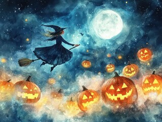 A Witch Flying Through the Night Sky with Jack-o'-Lanterns