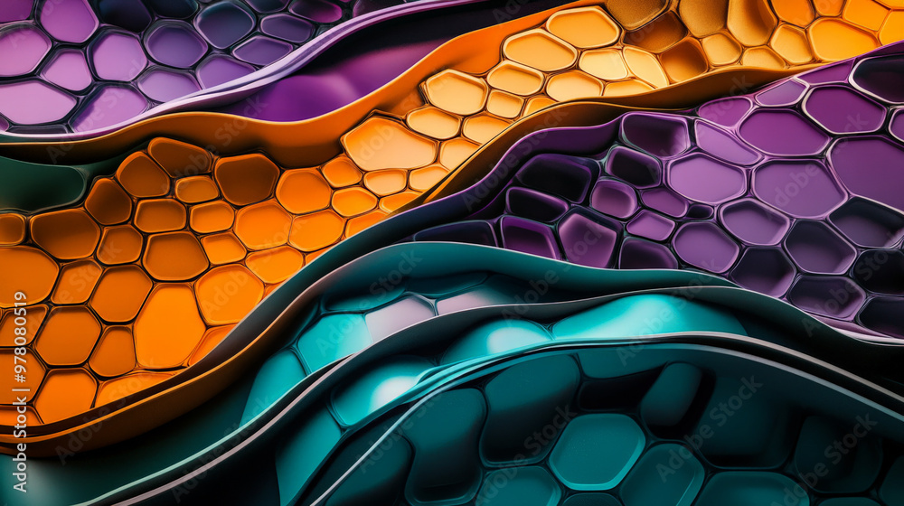 Wall mural a dynamic abstract surface featuring colorful hexagonal shapes in orange, teal, and purple, combined