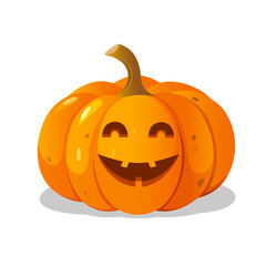Cartoon Halloween carved pumpkin with smiling face expression isolated on white background.
