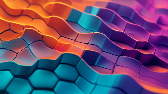 A dynamic abstract surface featuring colorful hexagonal shapes in orange, teal, and purple, combined with wavy lines for a striking design.