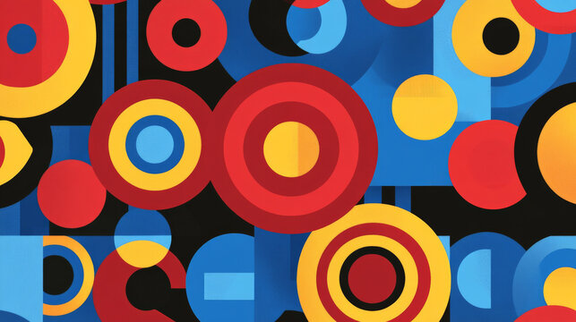 A flat geometric background featuring concentric circles and rectangles in bright primary colors