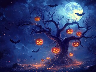 Halloween Jack-O-Lanterns Hanging from a Tree Under a Full Moon