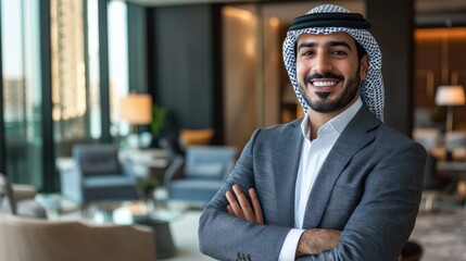 Fototapeta premium Confident Middle Eastern Male Entrepreneur Smiling in Luxurious Office Setting