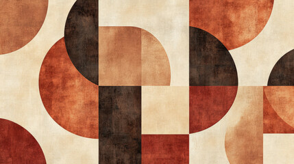 A flat geometric pattern featuring layered semicircles and squares in warm earth tones of brown, rust, and beige, creating a modern, structured composition.
