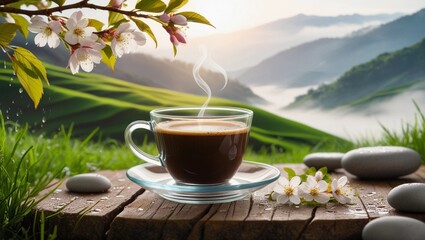 Cup of Hot Coffee with Blossoms and Scenic Mountain View in the Morning

