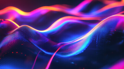 Fototapeta premium A futuristic abstract surface with neon-colored geometrical shapes and electric blue wavy lines, creating a vibrant, high-energy composition.