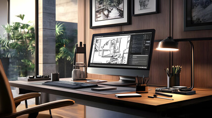 Fototapeta premium Modern Home Office Desk with Computer and Desk Lamp - 3D Illustration