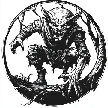 recommend clip art: A snarling goblin with sharp teeth and claws is depicted in a circle surrounded by trees.