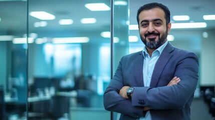 Obraz premium Confident Middle Eastern Executive Posing in Modern Office Setting