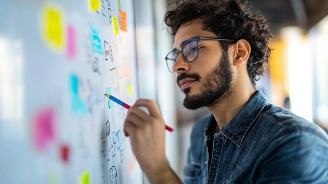 Creative Middle Eastern Entrepreneur Generating Ideas on Whiteboard with Colorful Markers