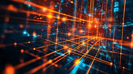 Abstract orange and blue digital grid with glowing lines