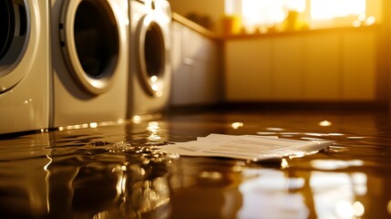 Laundry room with water damage, washers partially submerged, focus on insurance claim forms on a countertop, hyper-realistic photography, natural lighting, soft shadows