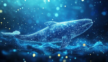 A Wireframe Whale Silhouette Swims Through a Field of Blue Light