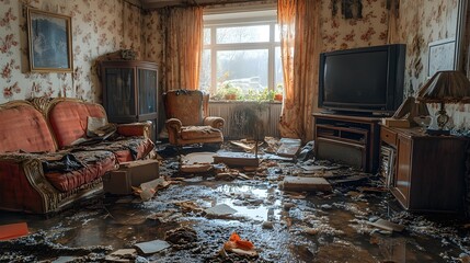 Ruined furniture and personal items scattered across a water-damaged room, soaked carpet, peeling wallpaper, HDR photography, high detail, moody lighting, insurance claim scene