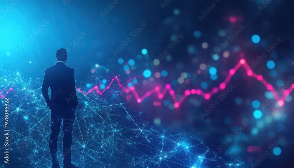 Poster Businessman silhouette standing before a graph with bokeh lights