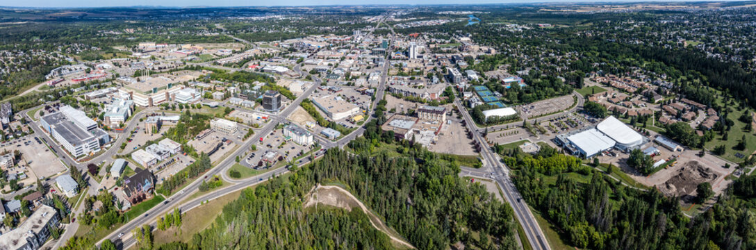 panoramic aerial landscape view of the Downtown area in Red Deer City, Alberta, Canada with streets and infrastructure. The City is located at Red Deer River between Edmonton and Calgary 