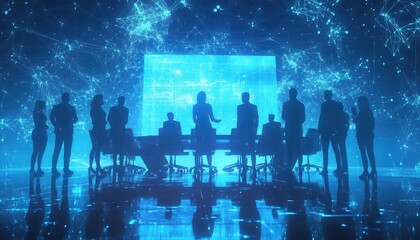 Fototapeta premium Silhouettes of Business People Presenting in a Futuristic Digital Environment