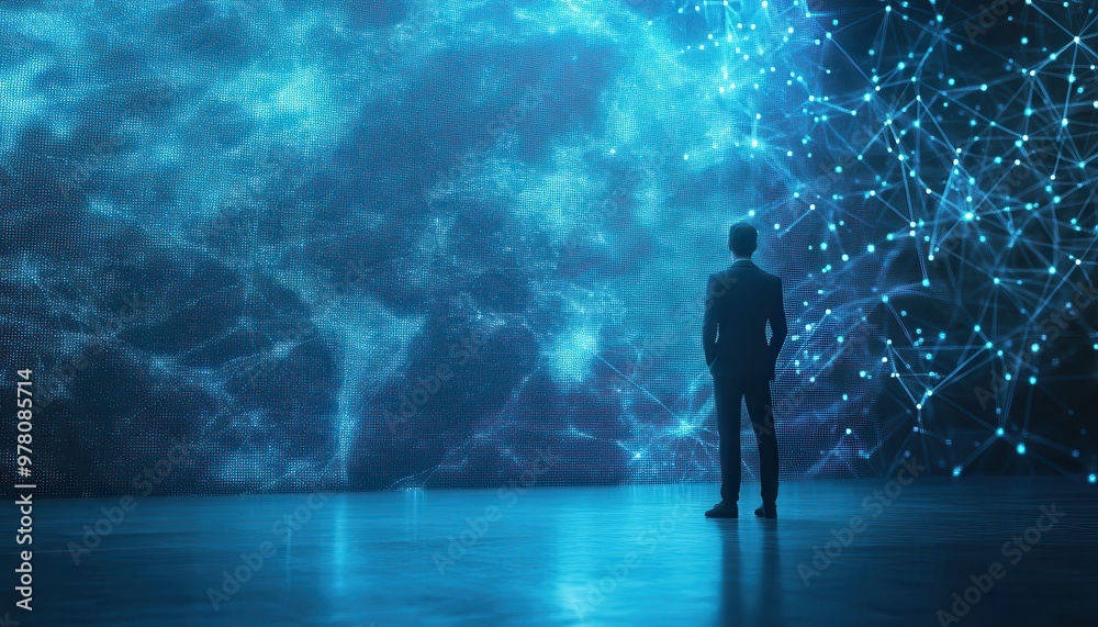 Poster A Businessman Contemplating a Digital Globe with Interconnected Networks