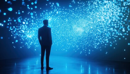 Fototapeta premium A Silhouetted Man Standing Before a Wall of Blue Glowing Particles