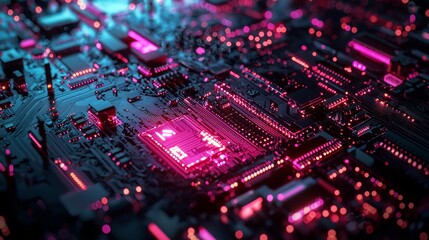 Obraz premium Close-up of glowing computer circuit board in pink and blue