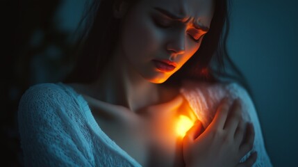 Woman displaying signs of intense discomfort, clutching shoulder muscles tension, pain. AI generated