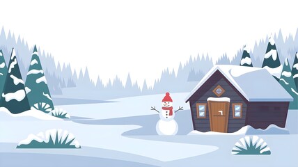 Naklejka premium A charming winter scene featuring a cozy cabin, a playful snowman, and snow-covered trees in a serene landscape.