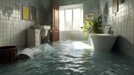 Flooded bathroom scene with water spilling from a burst pipe under the sink, soaking everything, ideal for insurance marketing, hyper-realistic textures