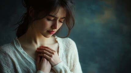 Woman feeling chest intense pain discomfort distressing expression. AI generated