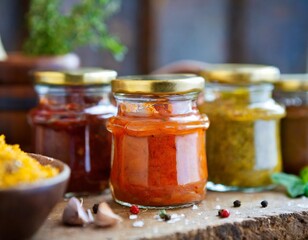 Rustic condiment jars with depth of field showcasing homemade relishes and chutneys
