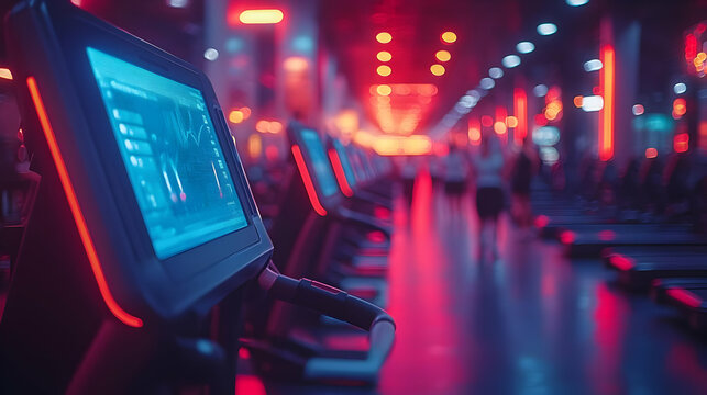 Treadmill in a Fitness Center - Blue and Red Neon Lights - Powered by Adobe