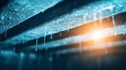 Soggy insulation hanging from a waterlogged ceiling, dark and damp room filled with flood damage, high-detail realism, cool tones, HDR photography