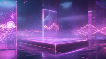 A minimalist, futuristic display platform with a transparent surface and glowing purple accents, surrounded by a high-tech metaverse with digital waves and particles.