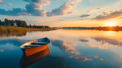 Obraz premium A serene landscape featuring a wooden boat on calm water during a vibrant sunset, reflecting beautiful colors in the sky.