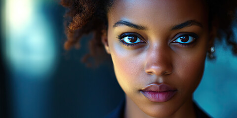 Focused Gaze: A close-up portrait of a businesswoman intently staring ahead.