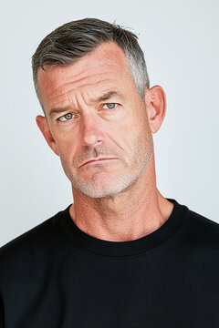 a middle-aged Caucasian man showing an annoyed expression, set against a plain white background