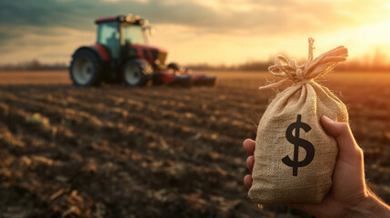 A person is holding a bag of money in front of a tractor. Concept of wealth and prosperity, as the person is holding a large amount of money in a bag