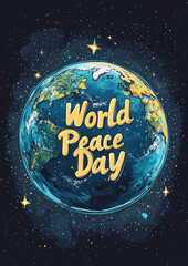 the inscription "World Peace Day" on the background of the planet Earth, postcard, holiday, International Day of Peace, pacifism, no war, lettering, peacetime, peaceful, September 21