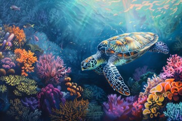 Obraz premium A turtle swimming alongside a colorful coral reef, its shell blending in with the vibrant underwater world