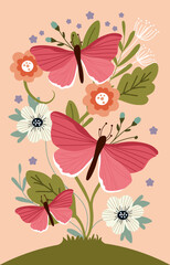 Pink Butterflies flying around white flowers with light green leaves and stems. Illustration for cards, birthday cards, girls party, nature.