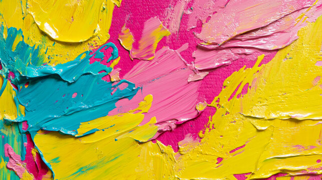 A playful oil paint texture in vibrant neon yellow, bright pink, and turquoise, with dynamic strokes for a fun, lively design.