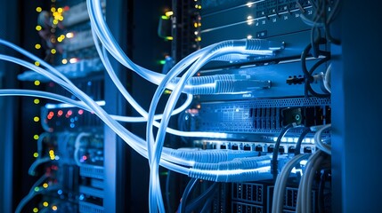 Obraz premium Glowing data cables transferring information. The cables are glowing with a bright blue light. They are connected to a server rack filled with various electronic components. 