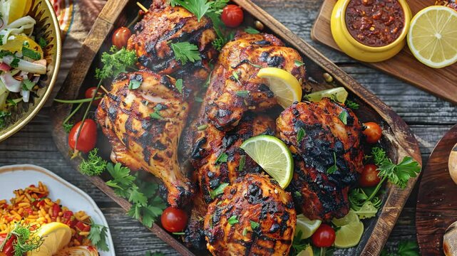 Peri-Peri Chicken on the table moves with smoke around