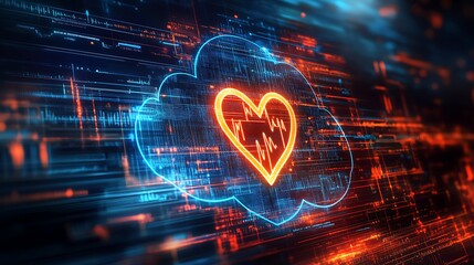 A digital cloud icon with a heartbeat pulse, positioned over a tech-inspired background, symbolizing the security and privacy of health records in EHR systems
