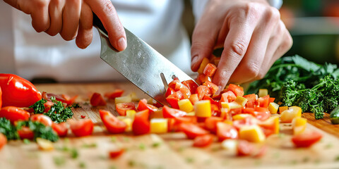 Expert Demonstration: A chef expertly slicing and dicing fresh vegetables, revealing their mastery of culinary skills.