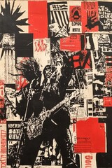 Fototapeta premium A black and white image of a band playing music with a red and black collage behind them.