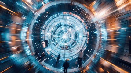 Fototapeta premium Modern urban space with glowing circular patterns at night